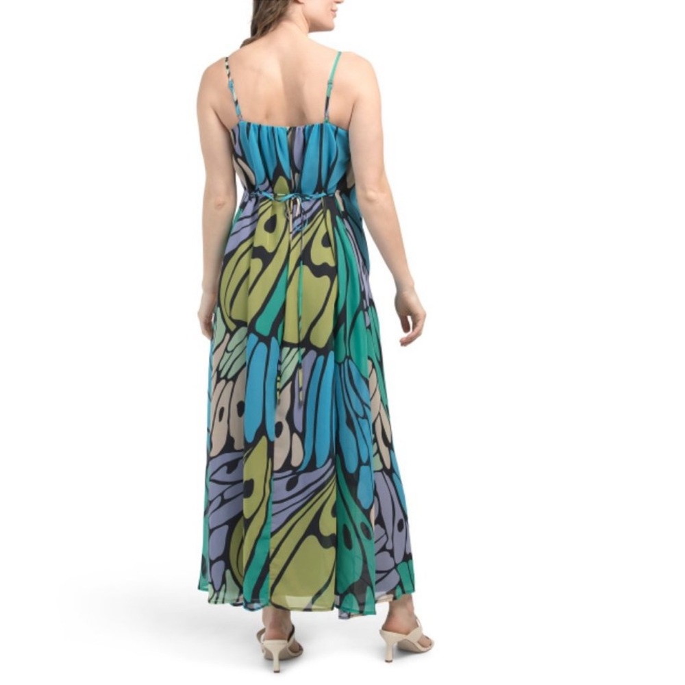 SAM EDELMAN Black Multi Butterfly Print Maxi Dress Tie Waist Large L NEW NWT - Picture 2 of 5